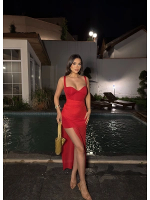 Kırmızı Şal Detay Askılı Gloplu Premium Elbise