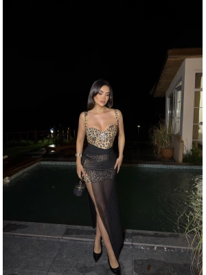 Leopar Şal Detay Askılı Gloplu Premium Elbise