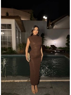 Kahverengi Simli Yırtmaç Detay Uzun Elbise