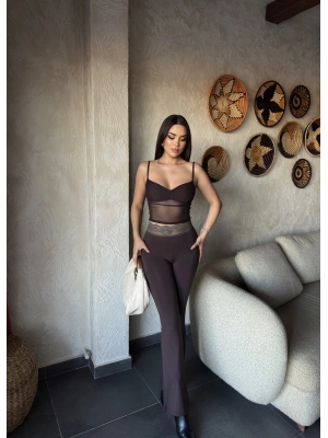 Kahverengi Tül Büstiyer Dantel Detay Tayt Takım