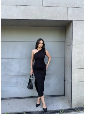 Siyah Tek Omuz Uzun Elbise