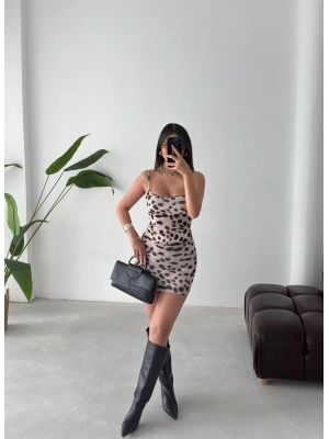Leopar Askılı Basic Mini Elbise