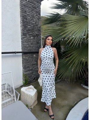 Beyaz Puantiyeli Premium Uzun Elbise