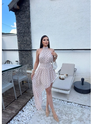 Krem Boyundan Bağlamalı Tasarım Elbise