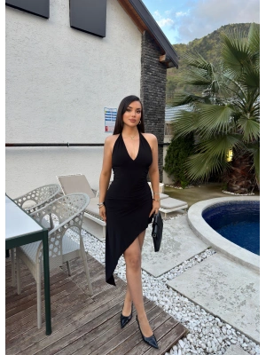 Siyah Boyundan Bağlamalı Asimetrik Elbise