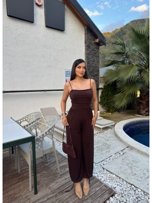 Kahverengi Lastikli Paça Askılı Tulum