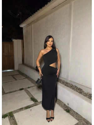 Siyah Çift Aksesuarlı Bel Detay Tek Omuz Elbise
