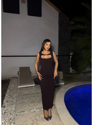 Mürdüm Zra Pencere Aksesuarlı Crep Elbise