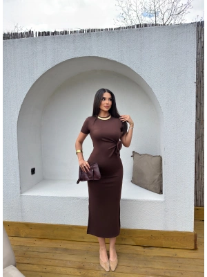 Kahverengi Tasarım Bağlama Detay Uzun Elbise