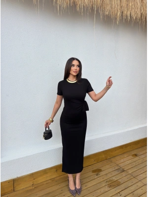 Siyah Tasarım Bağlama Detay Uzun Elbise