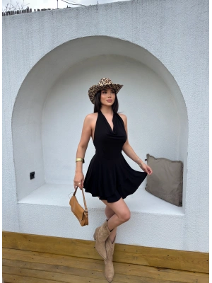 Siyah Degaje Yaka Boyundan Bağlamalı Mini Elbise