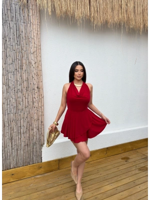 Kırmızı Degaje Yaka Boyundan Bağlamalı Mini Elbise