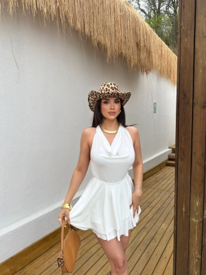 Beyaz Degaje Yaka Boyundan Bağlamalı Mini Elbise