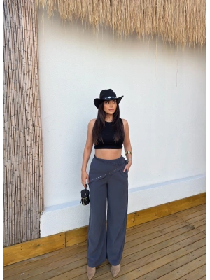 Antrasit Beli Fularlı Tailored Fit Tensel Pantolon