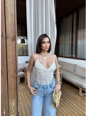 Sarı İp Askılı Dantel Bodysuit