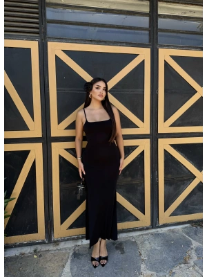 Siyah Ayarlanabilir Askılı Uzun Çan Elbise