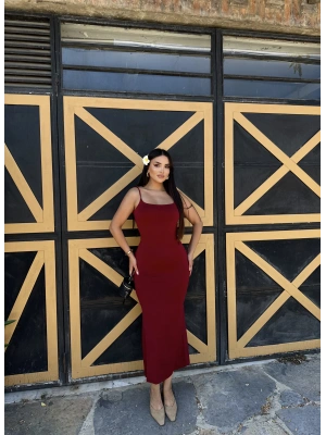 Bordo Ayarlanabilir Askılı Uzun Çan Elbise