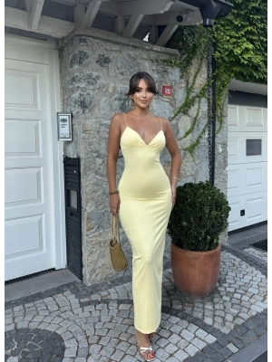 Sarı V Yaka Uzun Premium Elbise