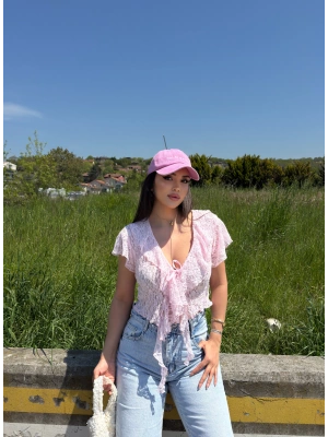 Pembe Önü Fırfırlı Tasarım Crop