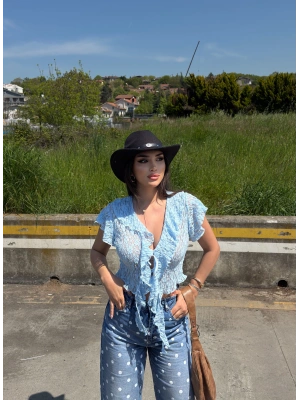 Mavi Önü Fırfırlı Tasarım Crop