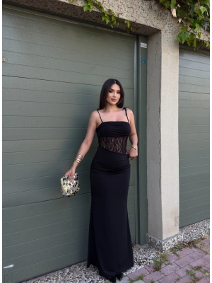 Siyah Güpür Detay Maxi Elbise