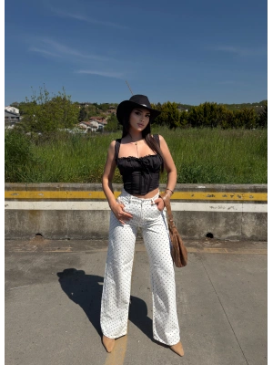 Ekru Puantiyeli Wide Leg Pantolon