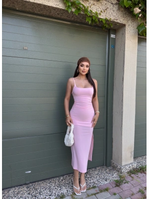 Pembe Ayarlanabilir Askılı Yırtmaçlı Uzun Elbise