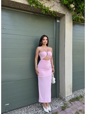 Pembe Drapeli Aksesuarlı Uzun Elbise