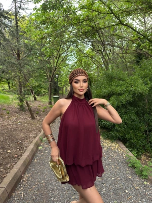 Bordo Mini Şifon Elbise