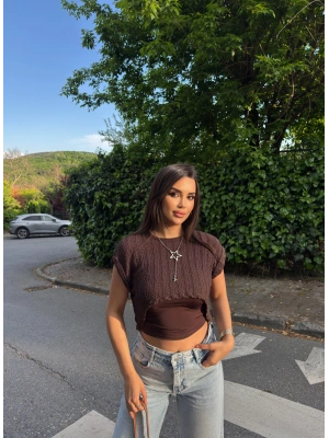 Kahverengi Kolyeli Üçlü Bürümcük Crop