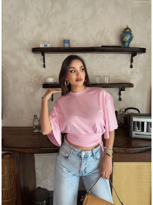 Pembe Beli Büzgülü Yarasa Kol Brshk Crop
