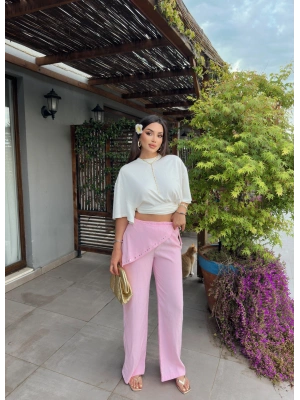 Pembe Beli Fularlı Tailored Fit Tensel Pantolon