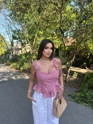 Kırmızı Mini Kareli Korse Crop