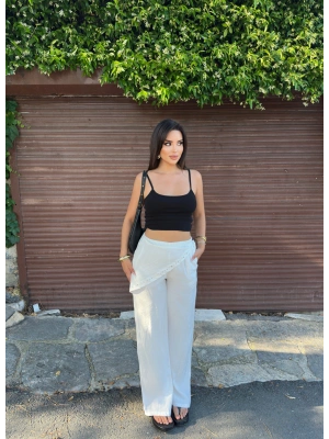 Beyaz Beli Fularlı Tailored Fit Tensel Pantolon