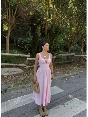Pembe Korse Keten Uzun Elbise