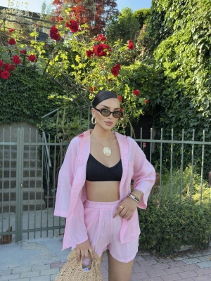 Pembe Tensel Oversize Gömlek Şort Takım