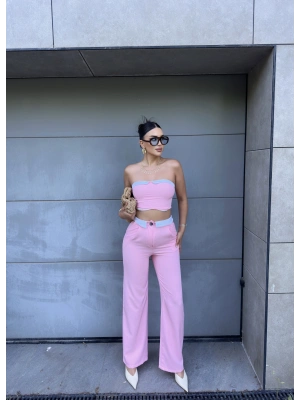 Pembe Straplez Biyeli Double Takım