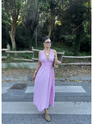 Pembe Boyundan Bağlamalı Poplin Uzun Elbise