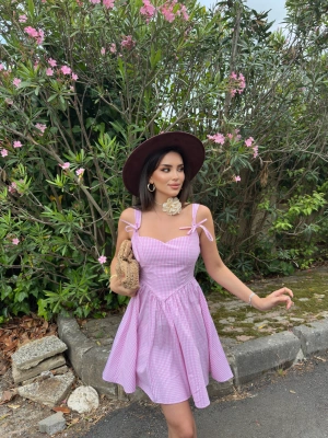 Pembe Mini Kareli Korse Elbise