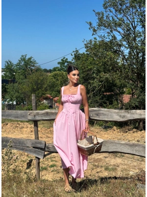 Pembe Kalın Askılı Uzun Korse Elbise