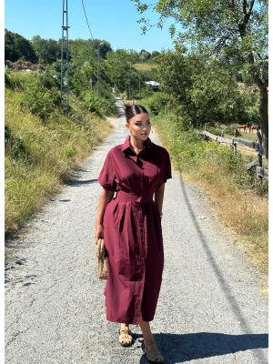 Bordo Korseli Gömlek Elbise