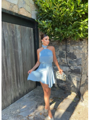 Bebe Mavisi Boyun Tokalı Mini Elbise