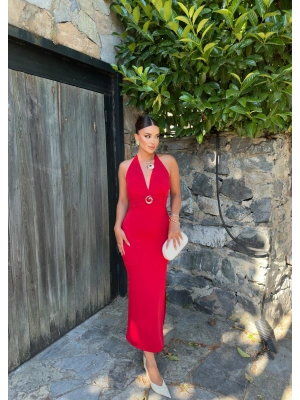 Kırmızı G Tokalı Uzun Elbise