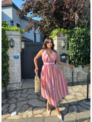Pembe Çizgili Boyundan Bağlamalı Poplin Uzun Elbise