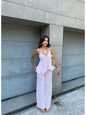 Pembe Boyundan Bağlamalı Müslin Takım