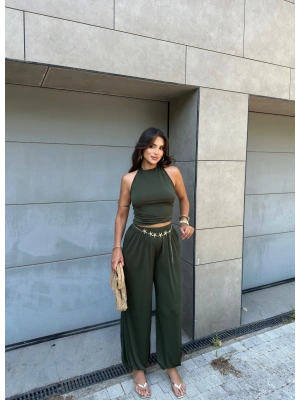 Haki Halter Yaka Şalvar Takım