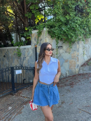 Beyaz Sıfır Kol Gipeli Crop Gömlek
