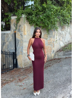 Bordo Halter Yaka Simli Uzun Elbise