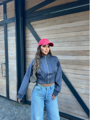 Antrasit Dik Yaka Crop Hırka