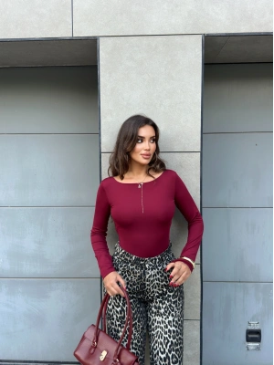 Bordo Toka Detay Bisiklet Yaka Bodysuit